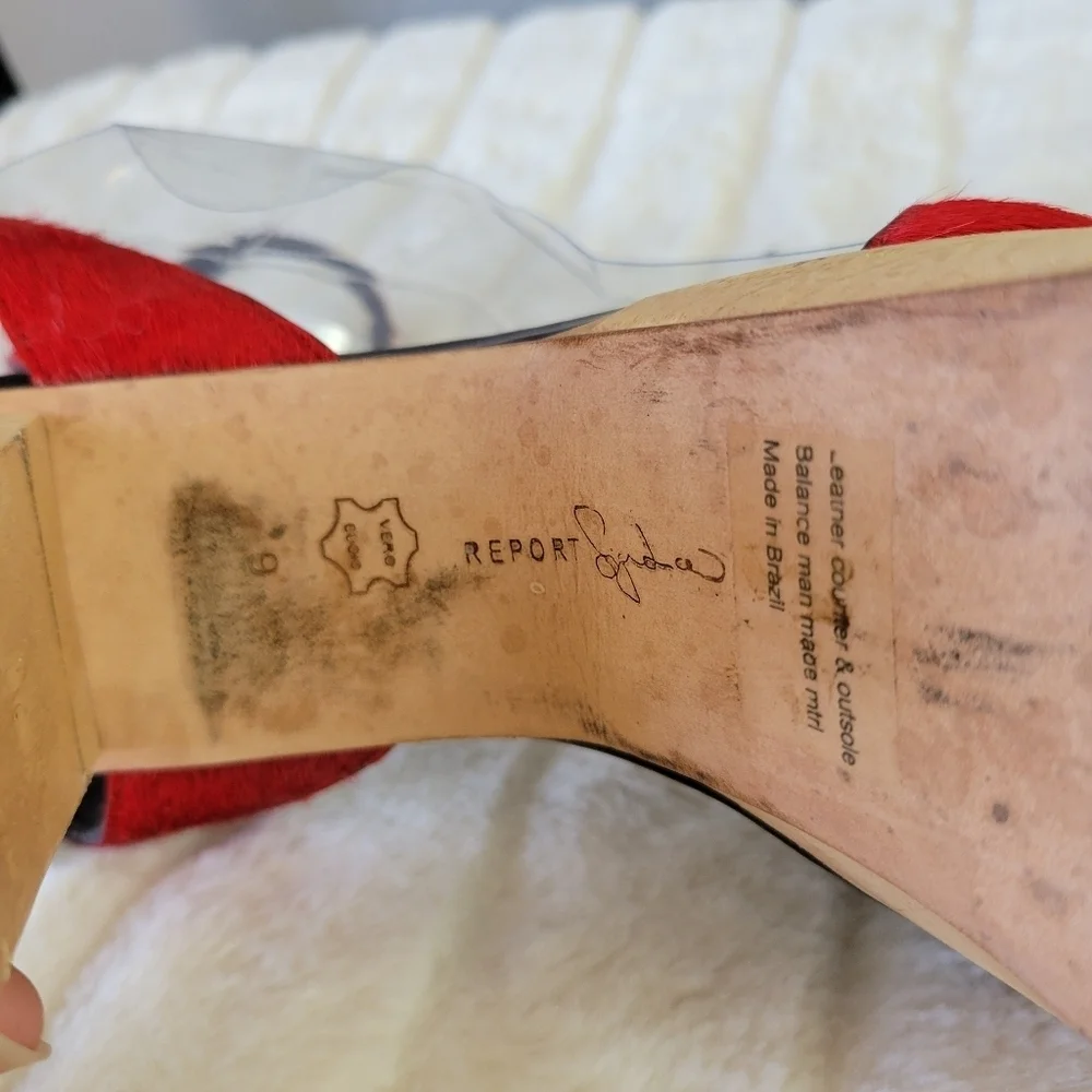 REPORT SIGNATURE // red calf hair upper wooden platform ankle strap block heels